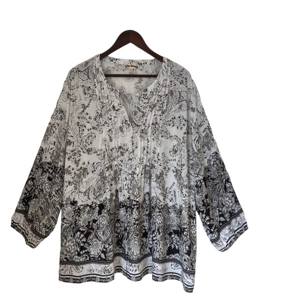 Paisley Floral Print White Black Blouse Long Bell Sleeve Boho Sz XXL 100% Rayon - Picture 3 of 9